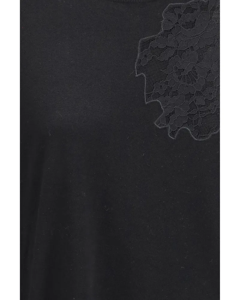 Max Mara Women Wool Sweater With Lace Inserts, Black Silk Black