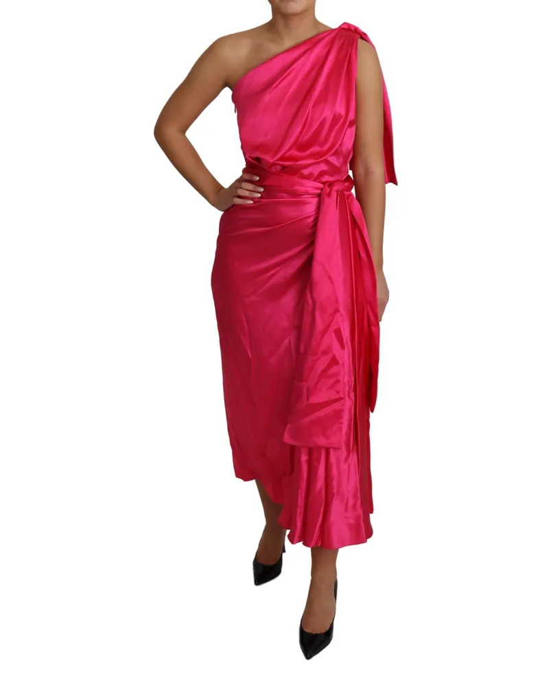 Dolce & Gabbana Women's Dress Pink Fitted Cut One Shoulder Midi Silk Pink
