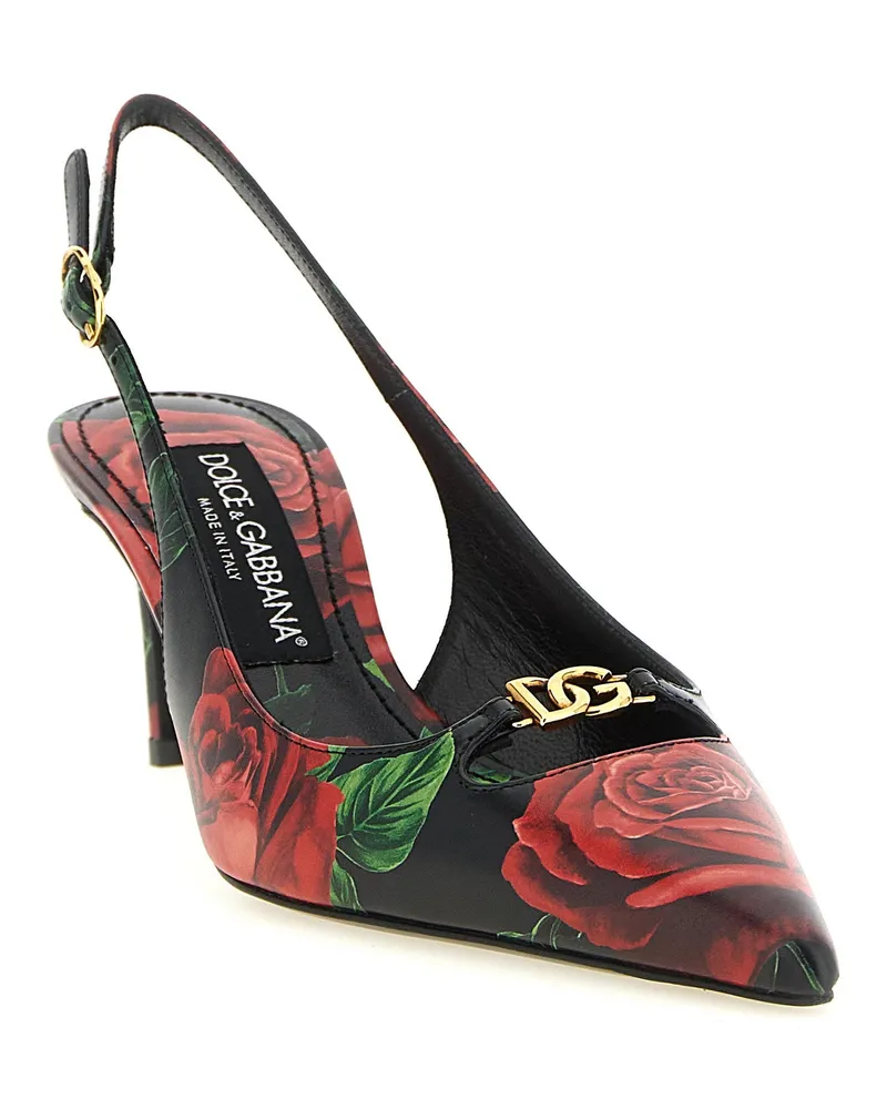 Dolce & Gabbana Rose-Print Calfskin Slingback Heel — Black Black