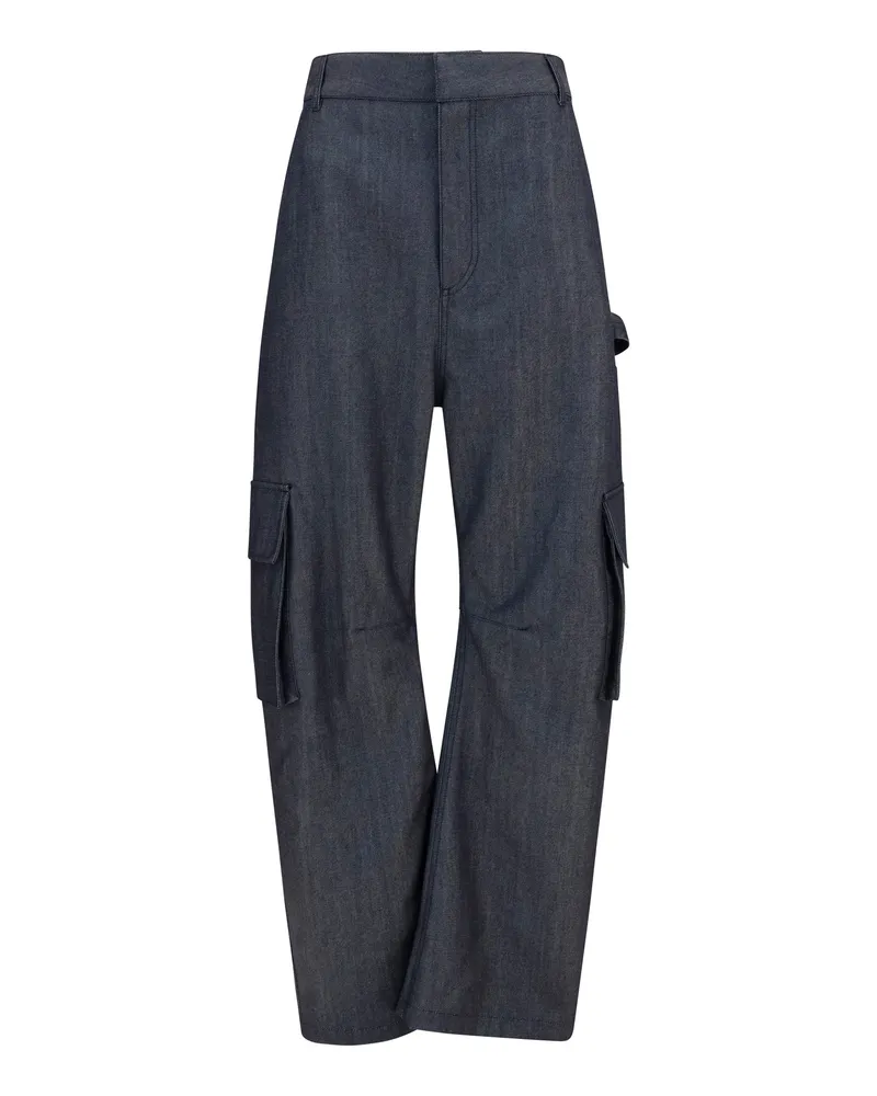 Balenciaga Women's Cargo Pants Denim Print Dark Navy Wool Trousers Navy