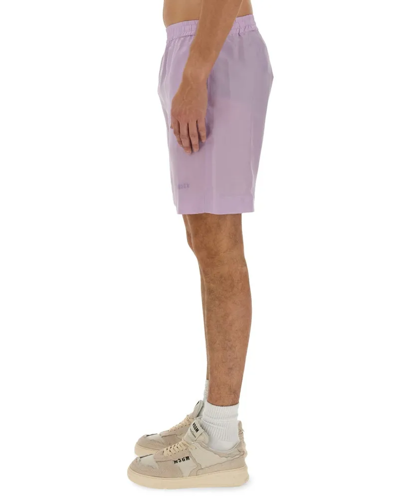 MSGM Logo-Embroidered Cupro Shorts — Purple Purple