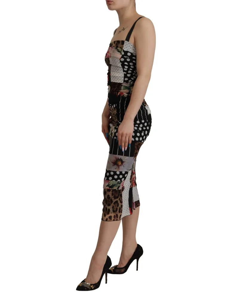 Dolce & Gabbana Women Multicolor Pachwork Midi Floral Silk Leopard Bodycon Dress Multicolor