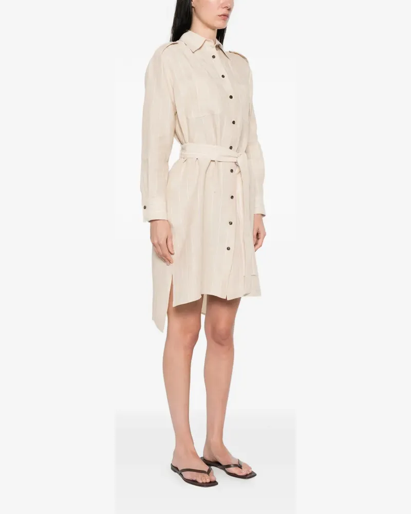 Kiton Striped Belted Linen Shirt Dress — Beige Beige