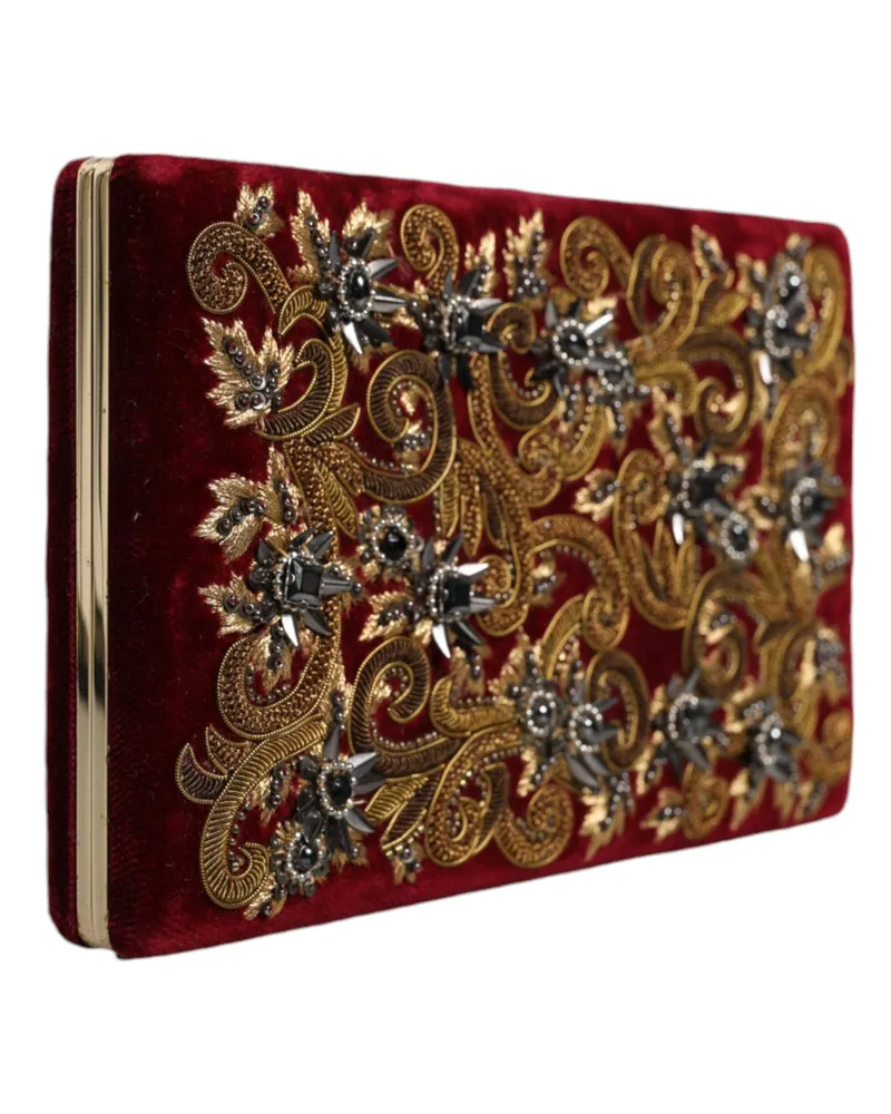 Dolce & Gabbana Women's Red Velvet Gold Frame Clutch Evening Party Purse Bag Cotton Red