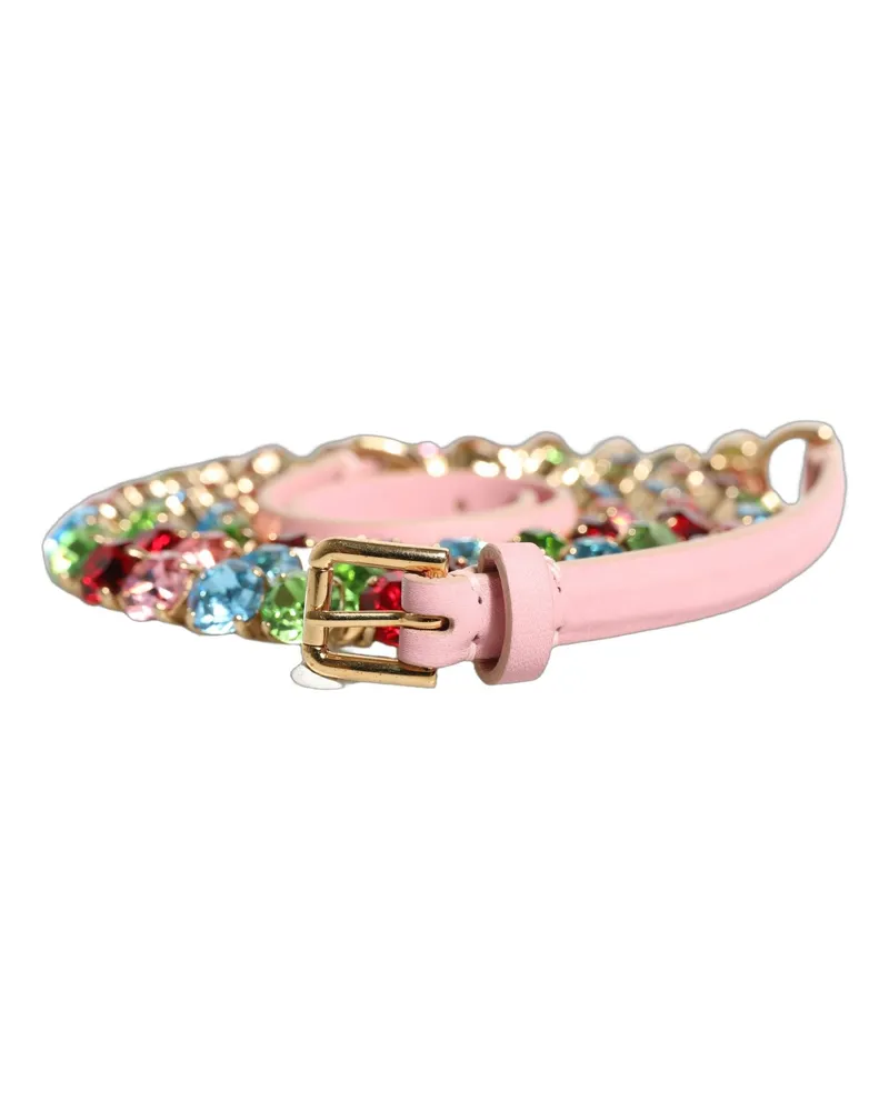 Dolce & Gabbana Women's Pink Leather Crystal Chain Embellished Belt Lamb Real Brass Pink