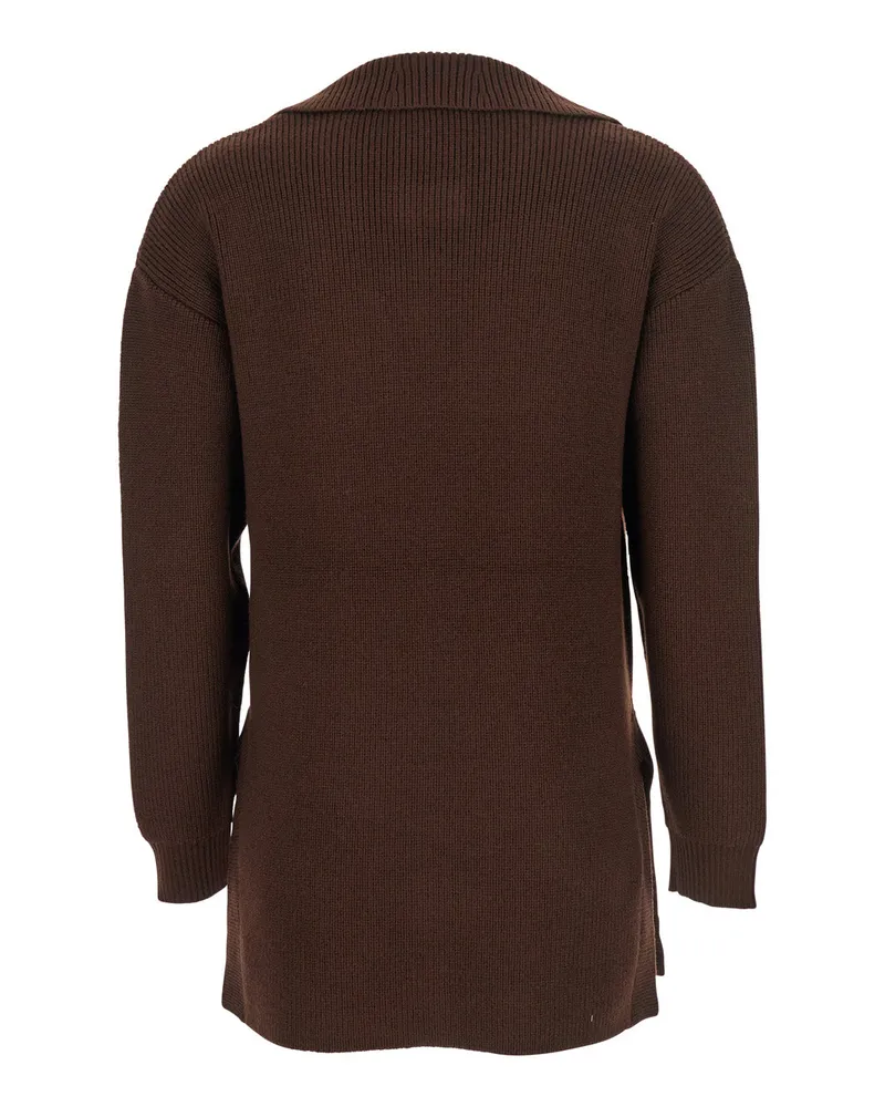 Elisabetta Franchi Women's Brown Sweater With Polo Collar And Buckle Detail Wool Top Brown