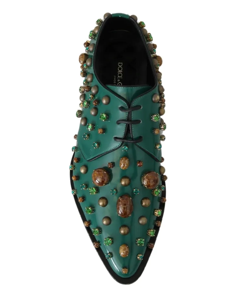 Dolce & Gabbana Women's Green Leather Crystal Dress Broque Shoes Green