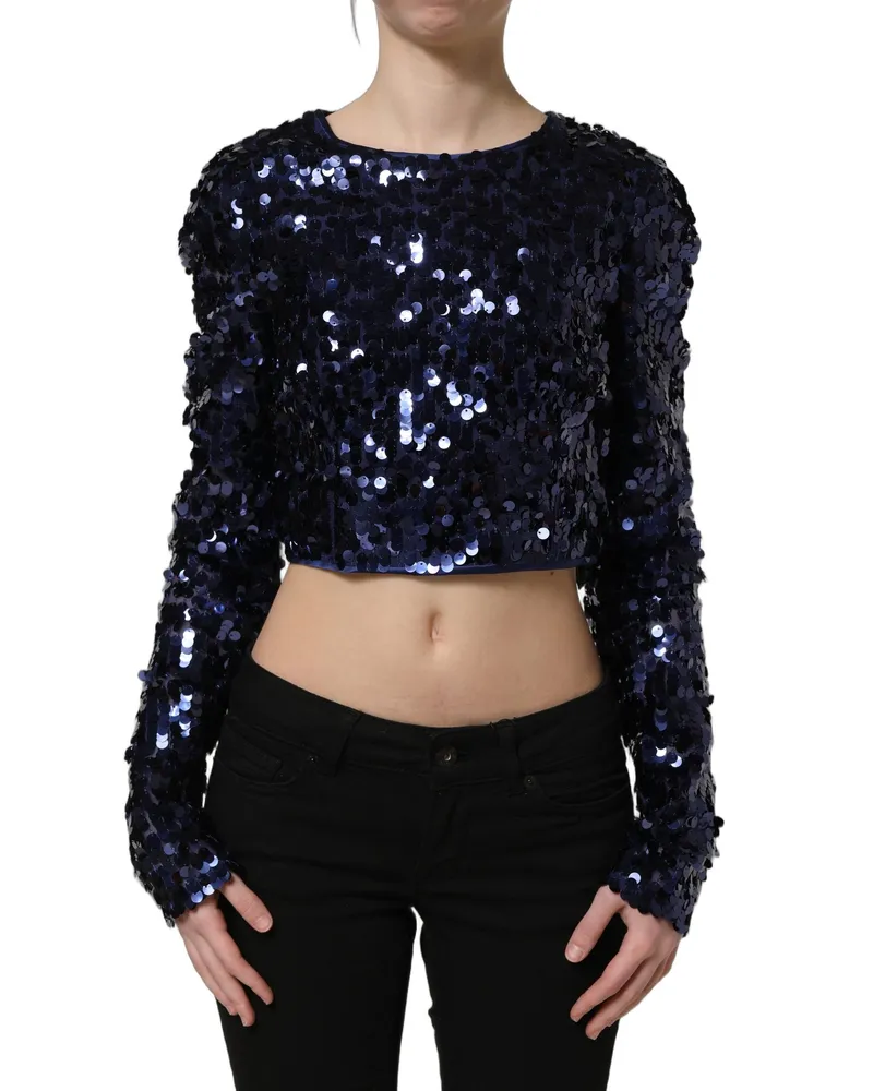 Dolce & Gabbana Women's Blue Sequined Long Sleeves Crop Blouse Top Nylon Blue