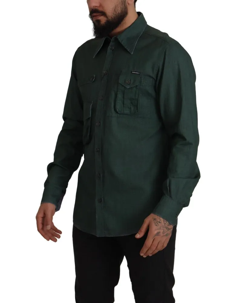Dolce & Gabbana Men's Dark Green Button Down Long Sleeves Shirt Flax Green