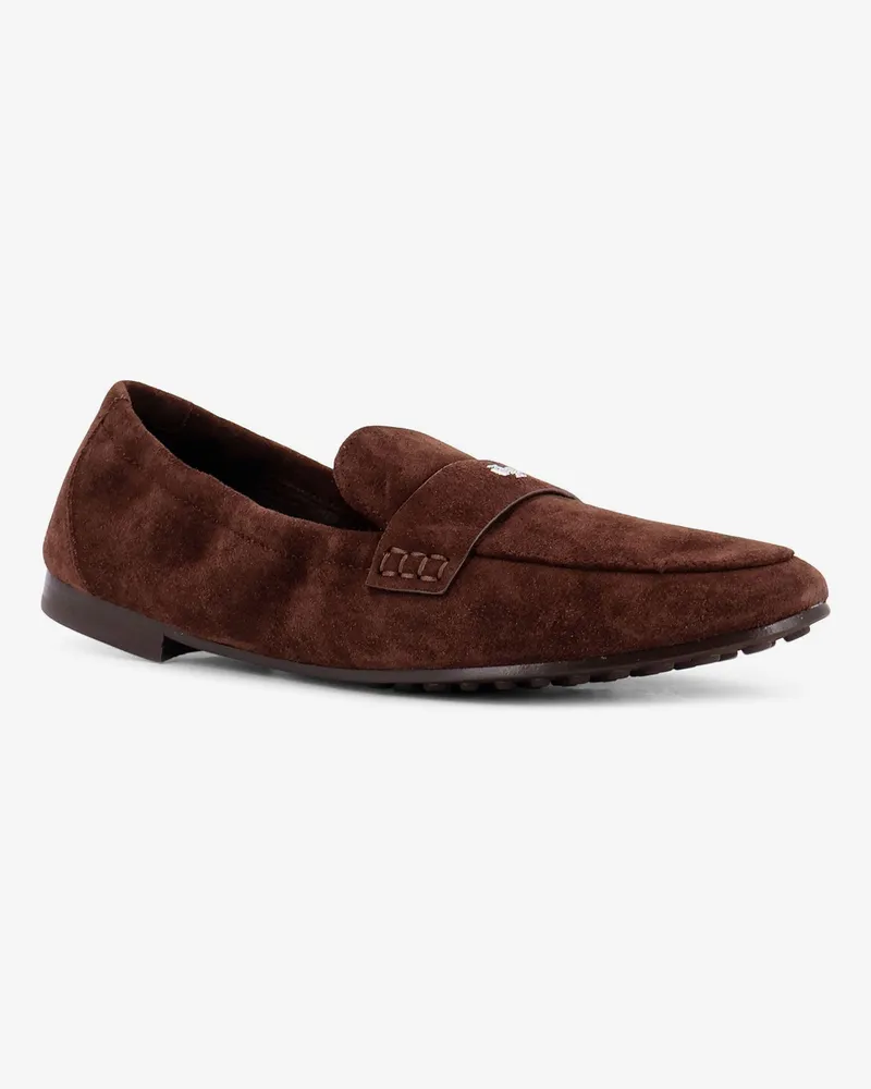 Tory Burch Women's Suede Loafer With Metal Logo Brown Suede-Leather Loafers Suede/leather Brown