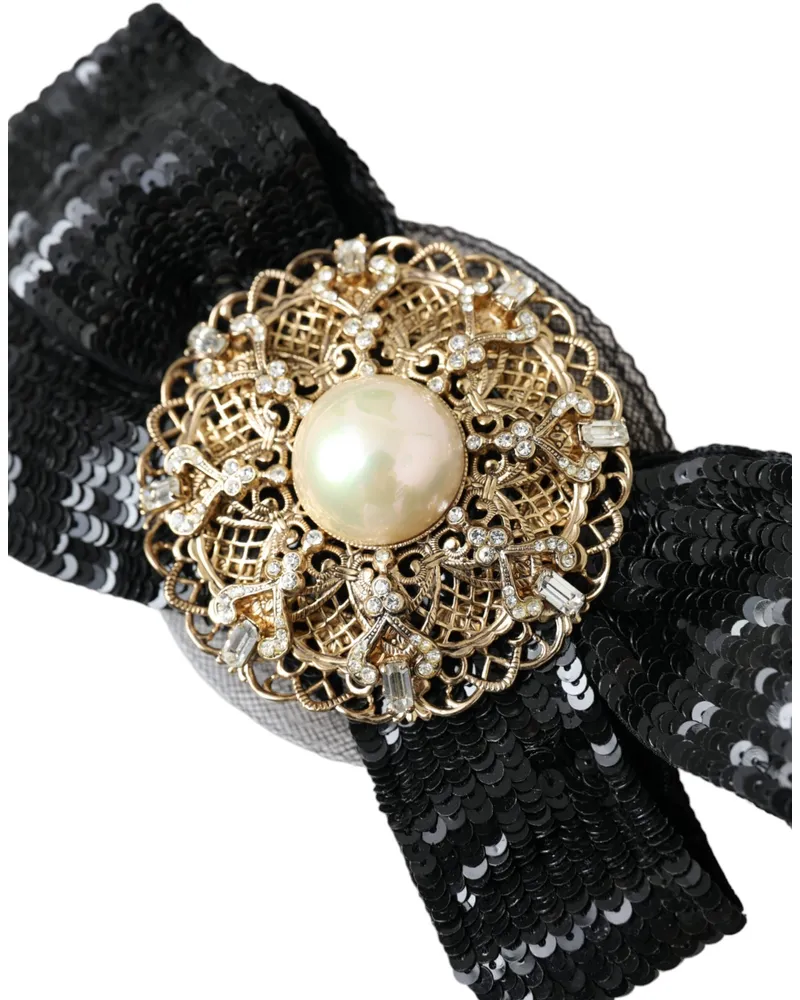 Dolce & Gabbana Women's Black Sequin Pearl Handmade Brooch Hair Pin Brass Accessory Black
