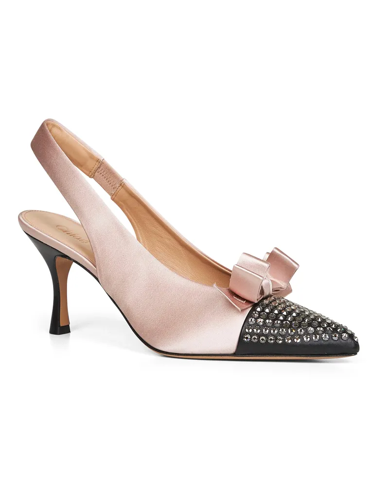 Chloé Women's Nude Satin Rhinestone-Embellished Slingback Pumps Pink Lamb Fur High Heel Shoes Pink
