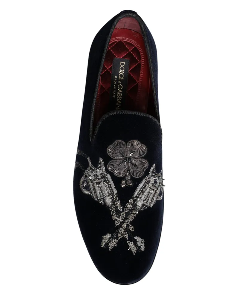 Dolce & Gabbana Men's Black Velvet Floral Gun Loafers Dress Shoes Cotton Black