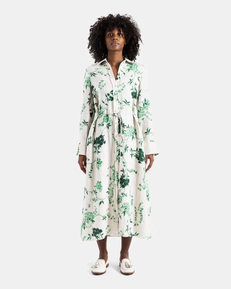 Erdem Women's Green Floral Linen Midi Shirt Dress Green