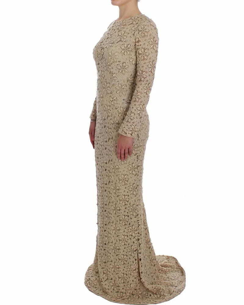 Dolce & Gabbana Women Beige Floral Lace Sheath Maxi Dress Cotton Beige