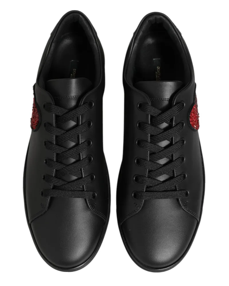 Dolce & Gabbana Women's Black Leather Crystal Heart Sneakers Shoes Calf Black