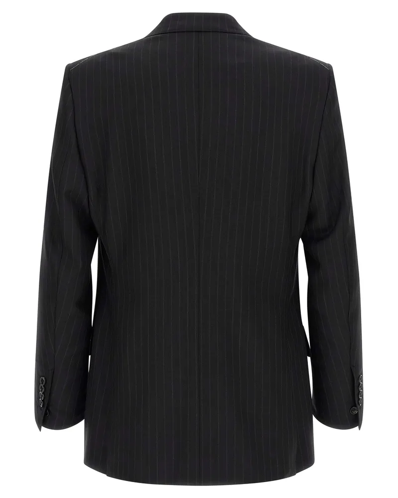 Tom Ford Pinstriped Double-Breasted Pant Suit — Black Black