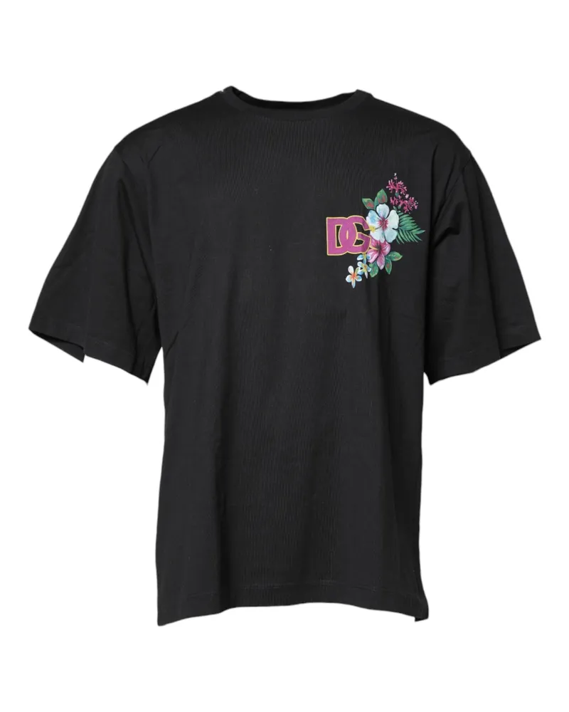 Dolce & Gabbana Men's Black Dg Floral Print Crew Neck T-Shirt Cotton Black