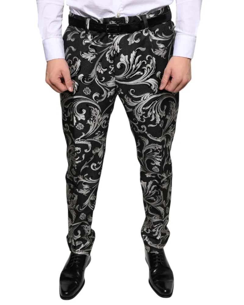 Dolce & Gabbana Men Black Jacquard Skinny Dress Pants Polyester Black