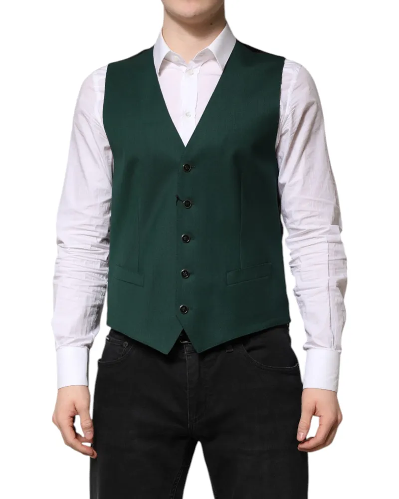 Dolce & Gabbana Green Wool Dress Formal Men Waistcoat Vest Virgin Green