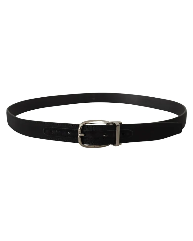 Dolce & Gabbana Men's Black Grosgrain Leather Silver Logo Buckle Belt Black