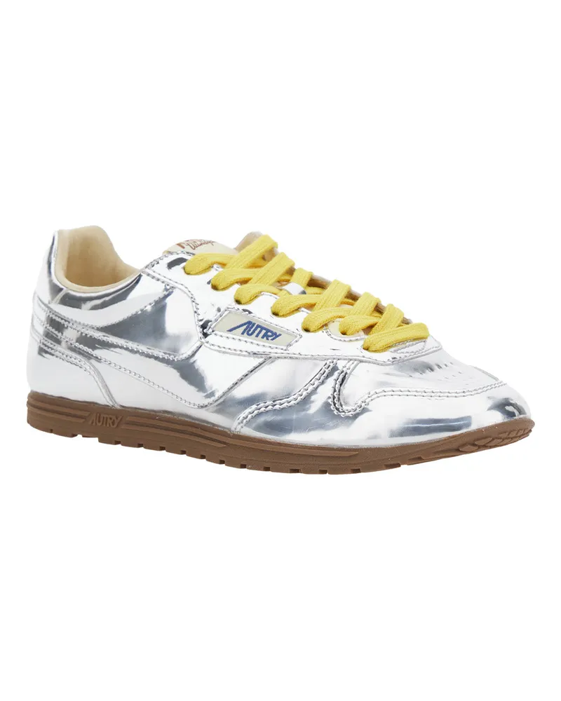 AUTRY Women's Silver Colored Low-Top Sneakers With Logo Metallic Mirror Pu Trainers Silver