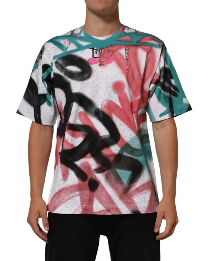Dolce & Gabbana Men White Graffiti Crew Neck Short Sleeves T-Shirt Cotton White