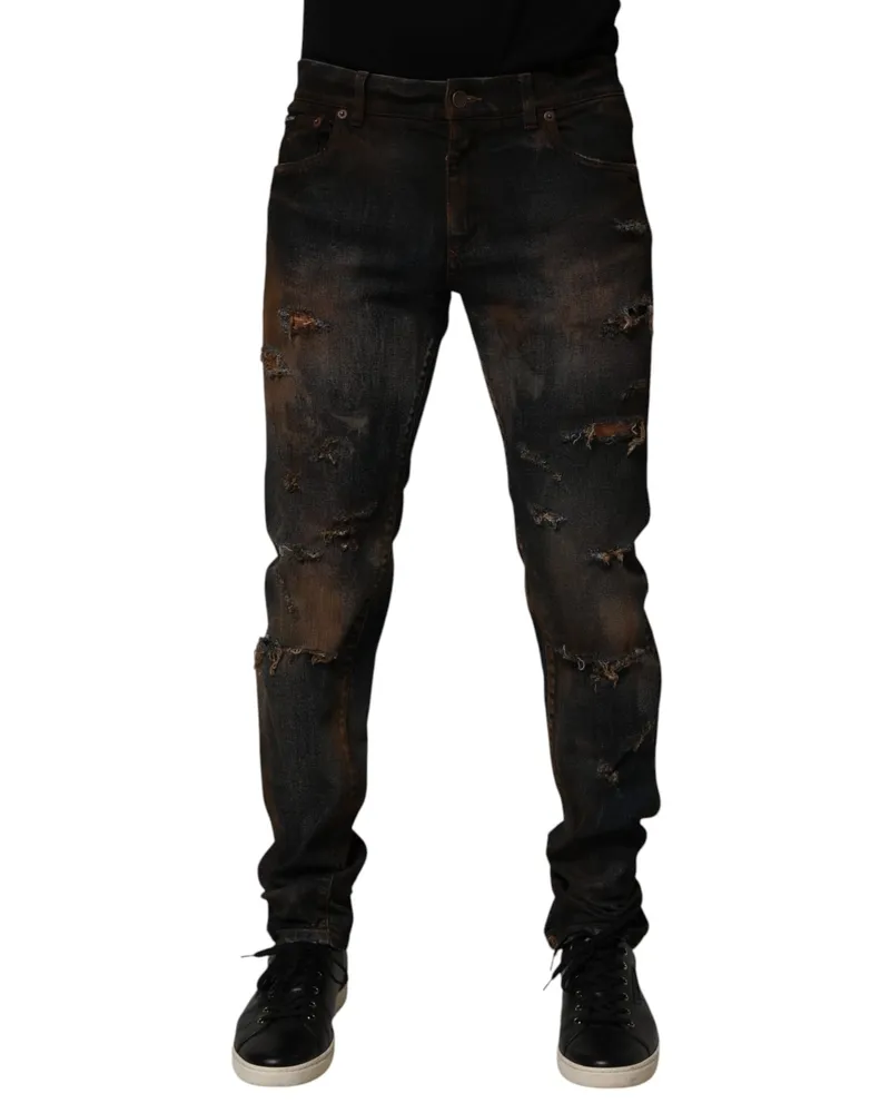 Dolce & Gabbana Black Cotton Skinny Tattered Men Denim Jeans Co+02 Clothing Black