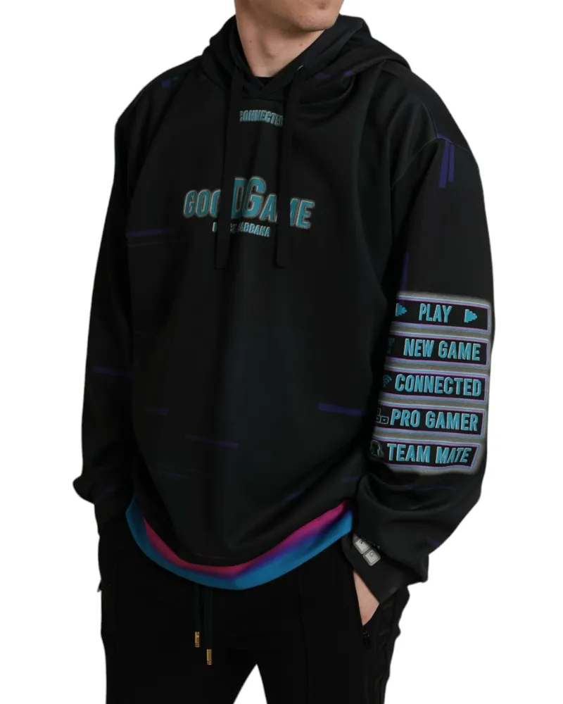 Dolce & Gabbana Men's Black Logo Print Hooded Sweatshirt Sweater Polyester Elastane Clothing Black