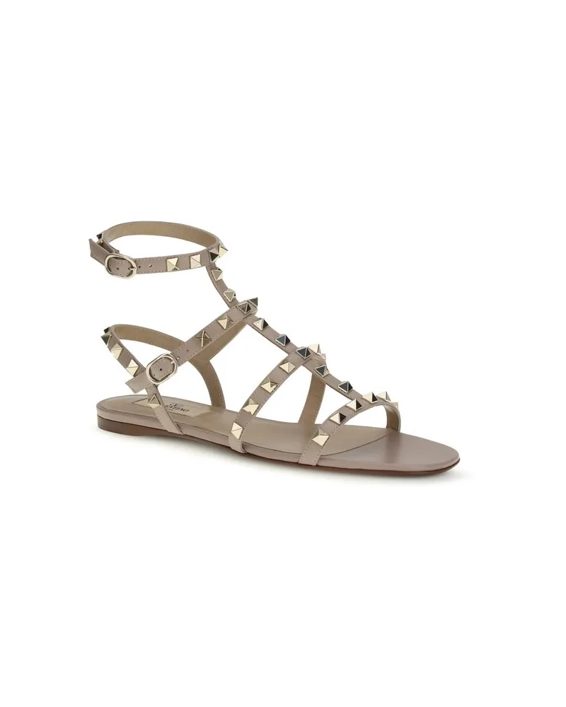 Valentino Garavani Women's Beige Calf Leather Bos Taurus Flat Sandals Beige