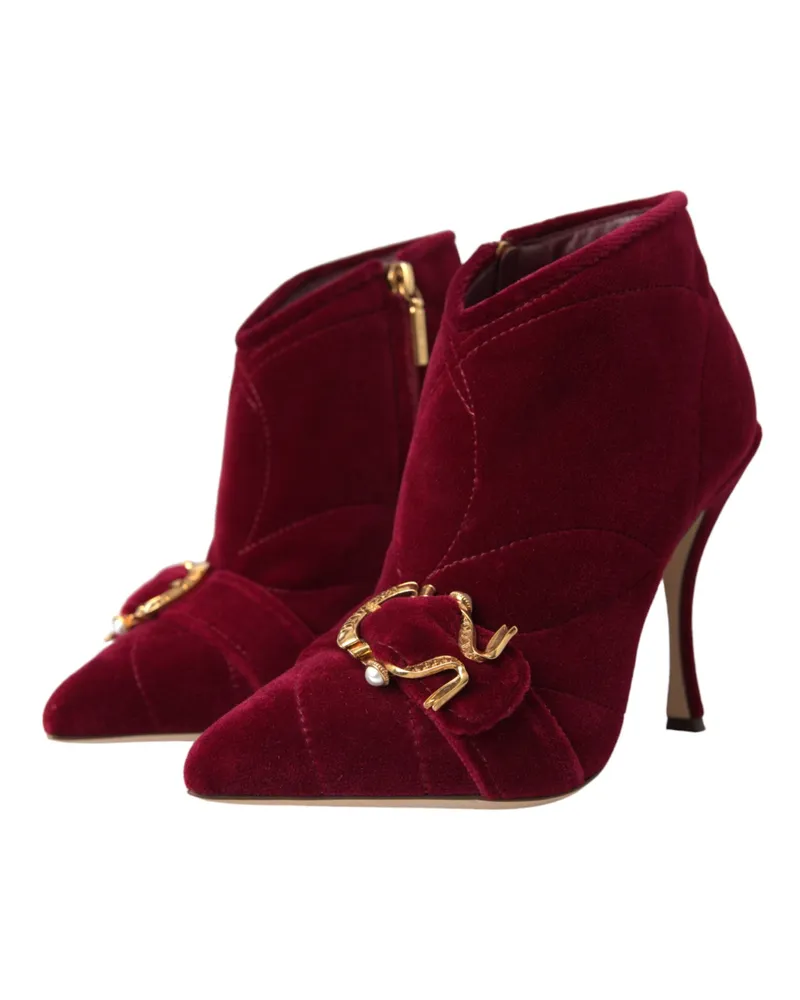 Dolce & Gabbana Women's Dark Red Velvet Devotion Buckle Boots Shoes Cotton Elastane Red