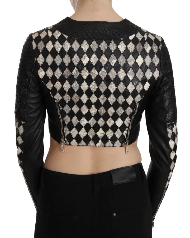 John Richmond Women's Argyle Patterned Leather Jacket Black Black