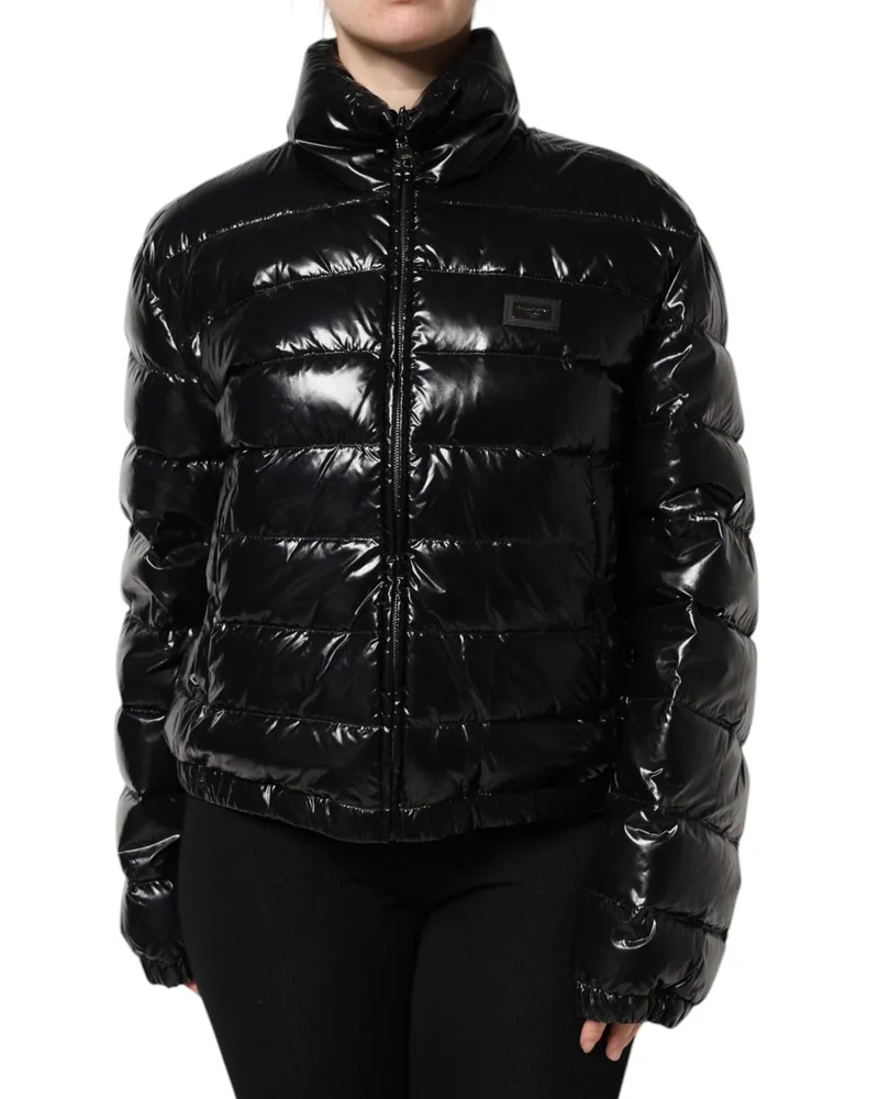 Dolce & Gabbana Women's Black Logo Plaque Full Zip Puffer Jacket Nylon Polyurethane Clothing Black