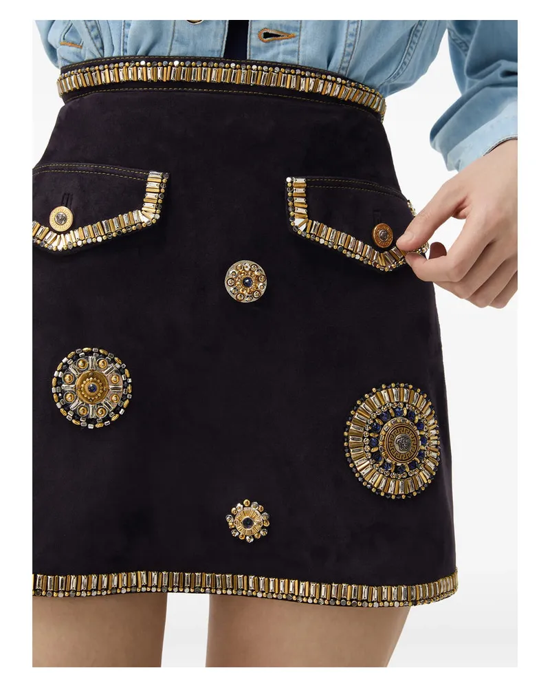 Versace Embroidered Crystal A-Line Suede Skirt — Black Black