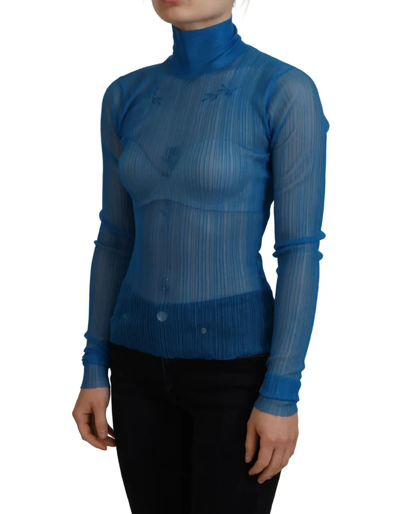 Dolce & Gabbana Women's Blue Mesh Turtleneck Long Sleeve Blouse Top Polyester Blue