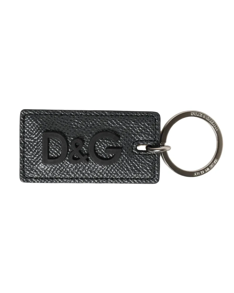 Dolce & Gabbana Women's Black Calf Leather D&g Logo Metal Ring Keyring Keychain | Silver Black