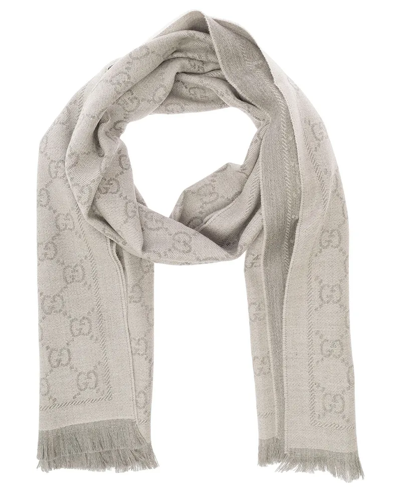 Gucci Women's Knit Scarf Gg Jacquard Grey Wool Scarfs Gray