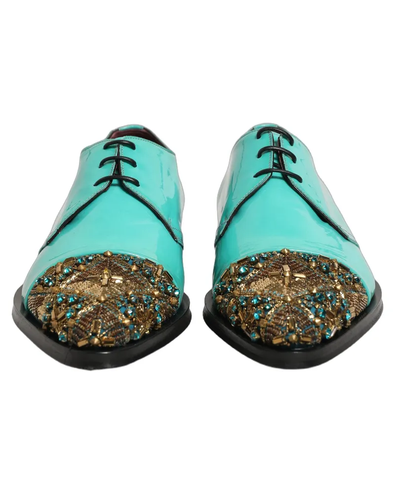 Dolce & Gabbana Men's Aqua Blue Embellished Derby Dress Formal Shoes Leather Turquoise
