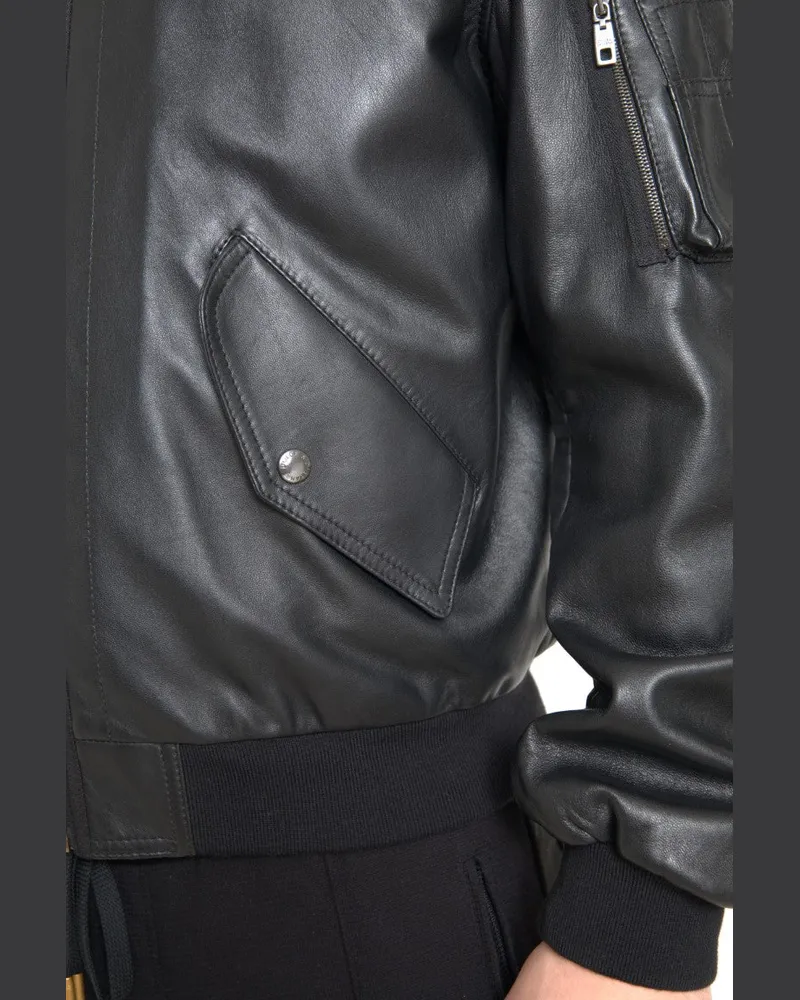 Dolce & Gabbana Men's Black Leather Blouson Full Zip Bomber Jacket Clothing Black