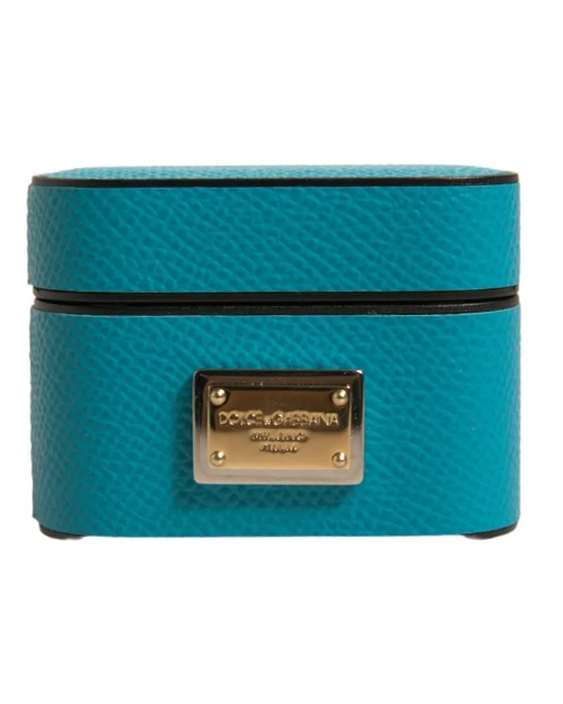 Dolce & Gabbana Unisex Green Leather Metal Logo Plaque Holder Airpods Case Accessory Turquoise