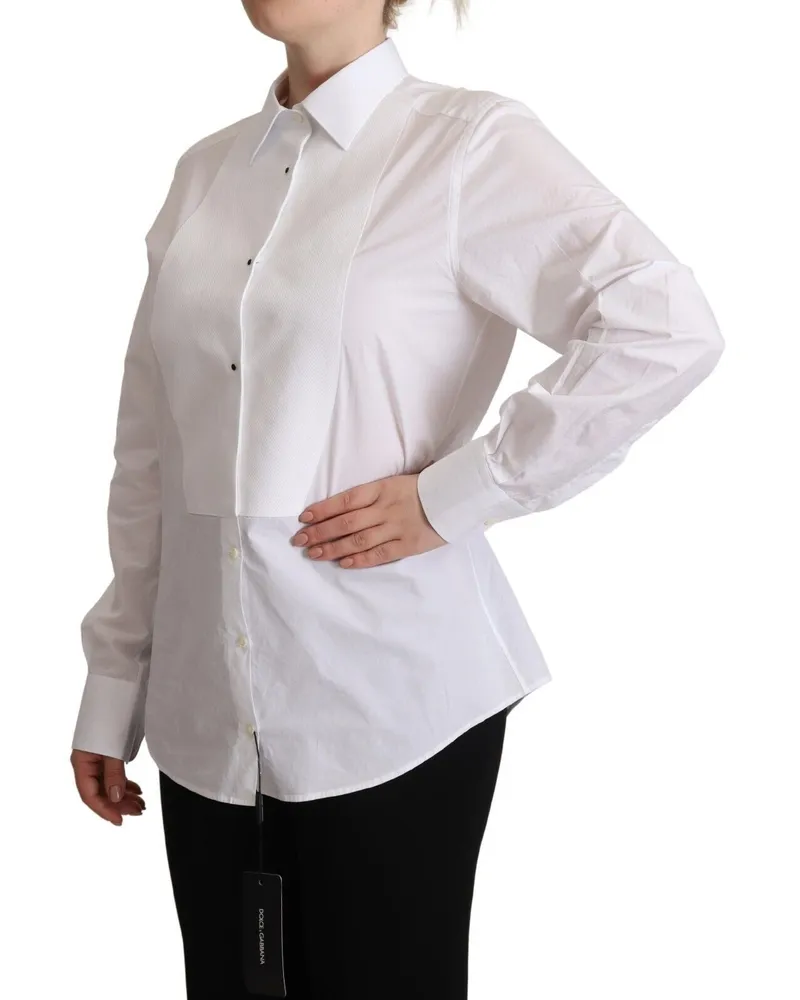 Dolce & Gabbana Women's White Cotton Dress Collared Long Sleeves Shirt Top White