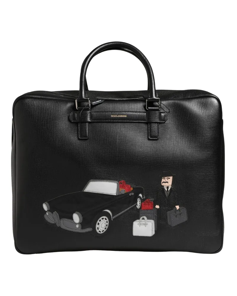 Dolce & Gabbana Men's Black Car Man Applique Leather Weekender Borse Bag Calf Accessory Black