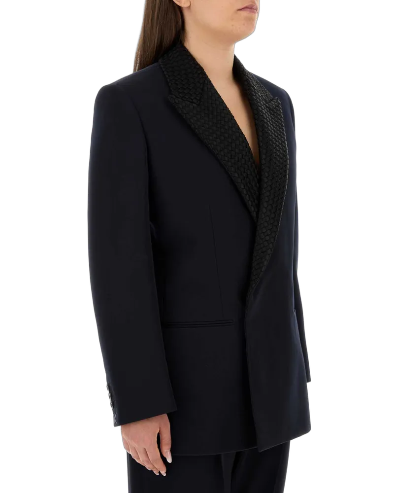 Bottega Veneta Textured Lapel Cotton Blazer — Navy Navy