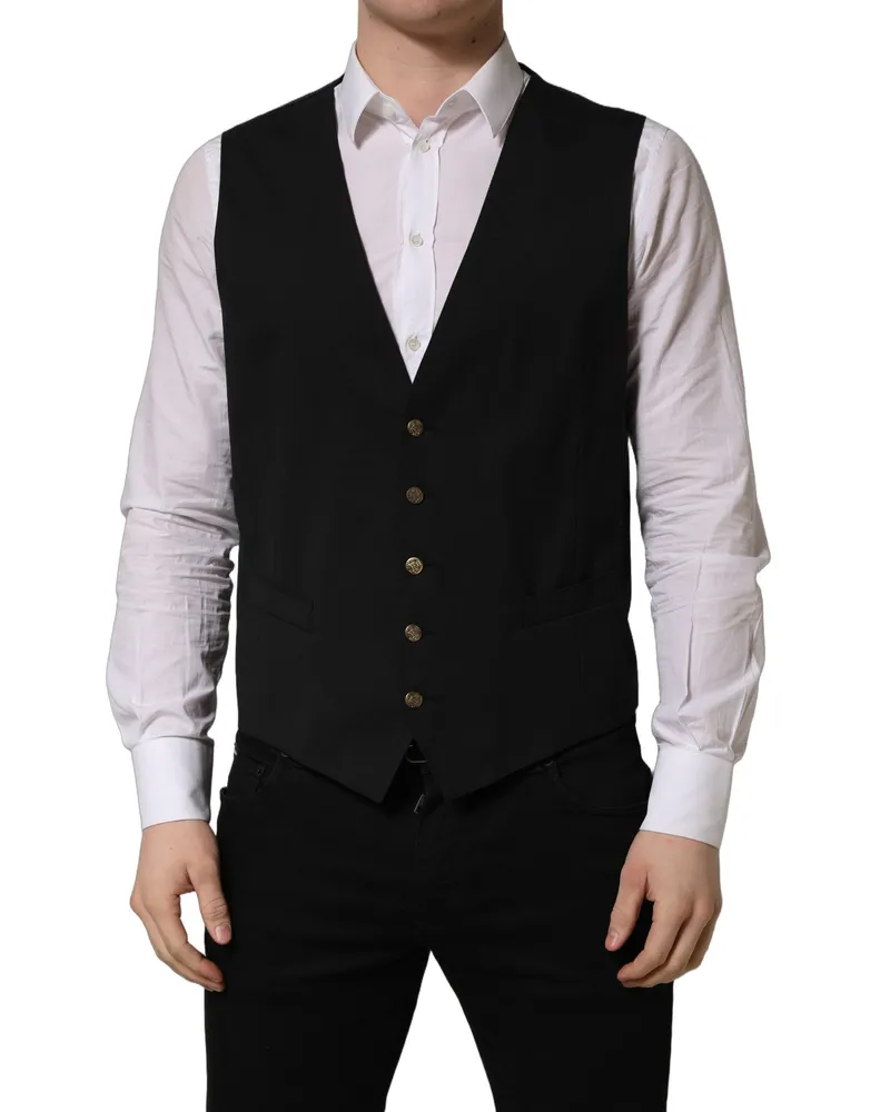 Dolce & Gabbana Black Single Breasted Men Waistcoat Vest Wool Clothing Black