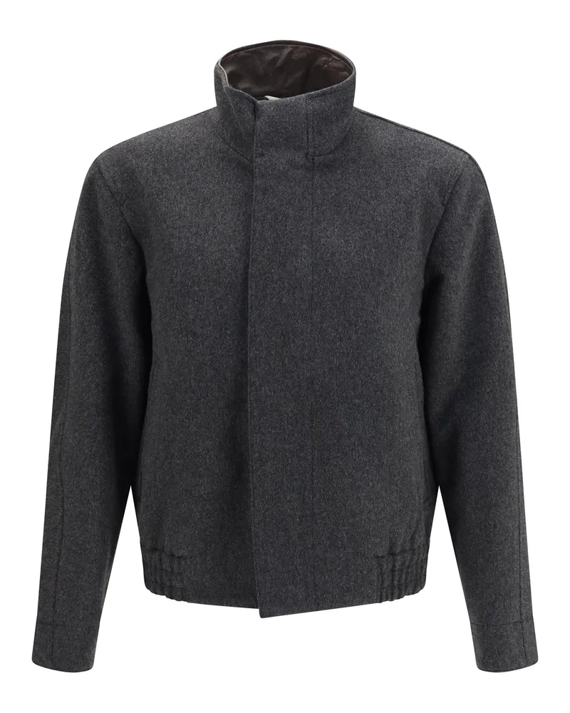 LARDINI Wool Fleece with Leather Accents Bomber Jacket — Gray Gray