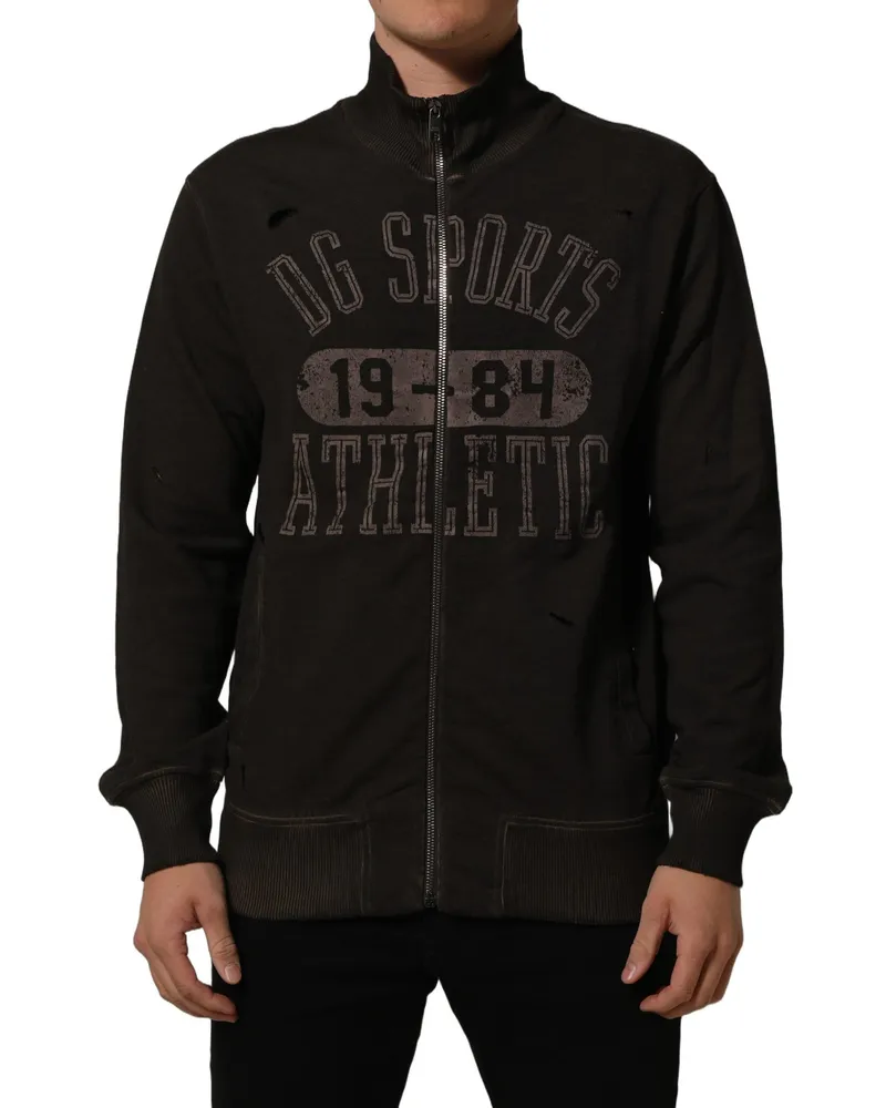 Dolce & Gabbana Men's Brown Logo Print Full Zip Sweatshirt Sweater Cotton Clothing Black