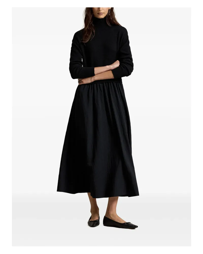Ralph Lauren A-Line Wool and Crepe Rollneck Dress — Black Black