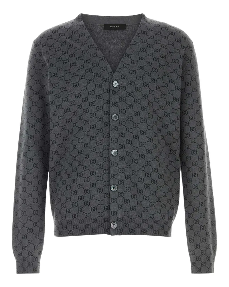 Gucci Men Logo-Embroidered Wool Blend Cardigan Gray Silk Gray