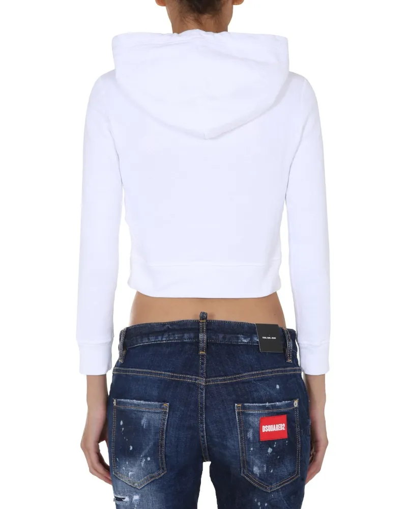 Dsquared2 Cropped Cotton Drawstring Hood Sweatshirt — White White