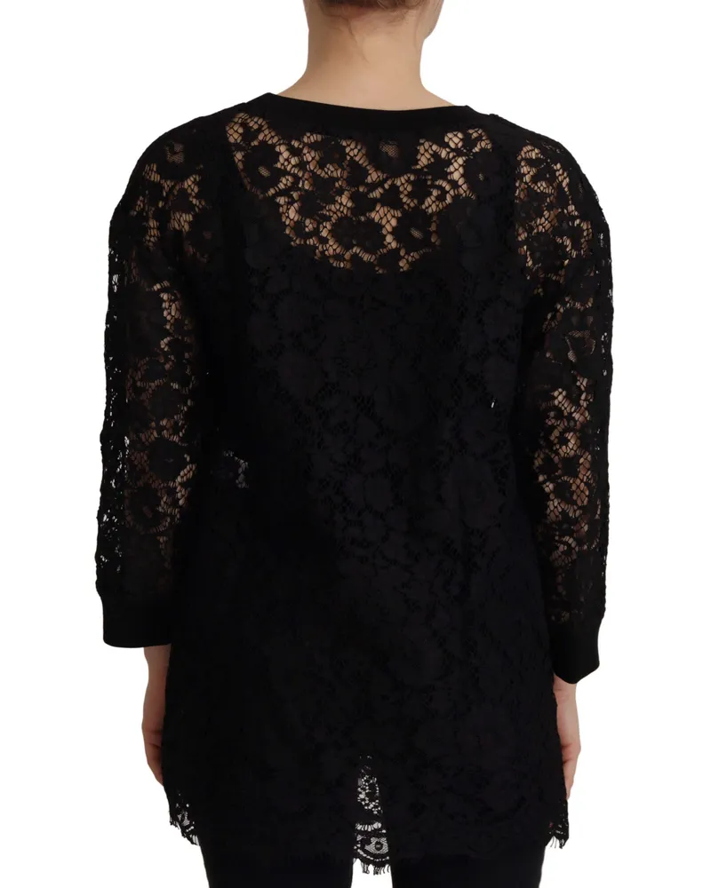 Dolce & Gabbana Women Black Floral Lace Pullover Sicily Blouse Cotton Black